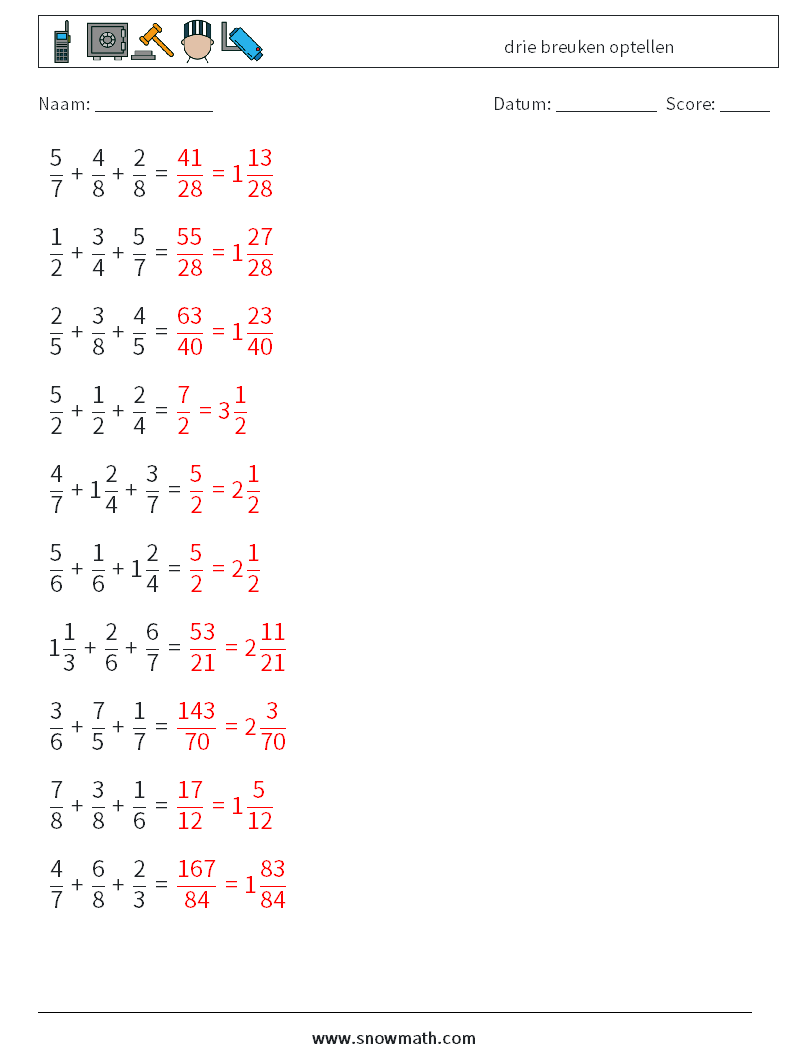 (10) drie breuken optellen Wiskundige werkbladen 14 Vraag, Antwoord