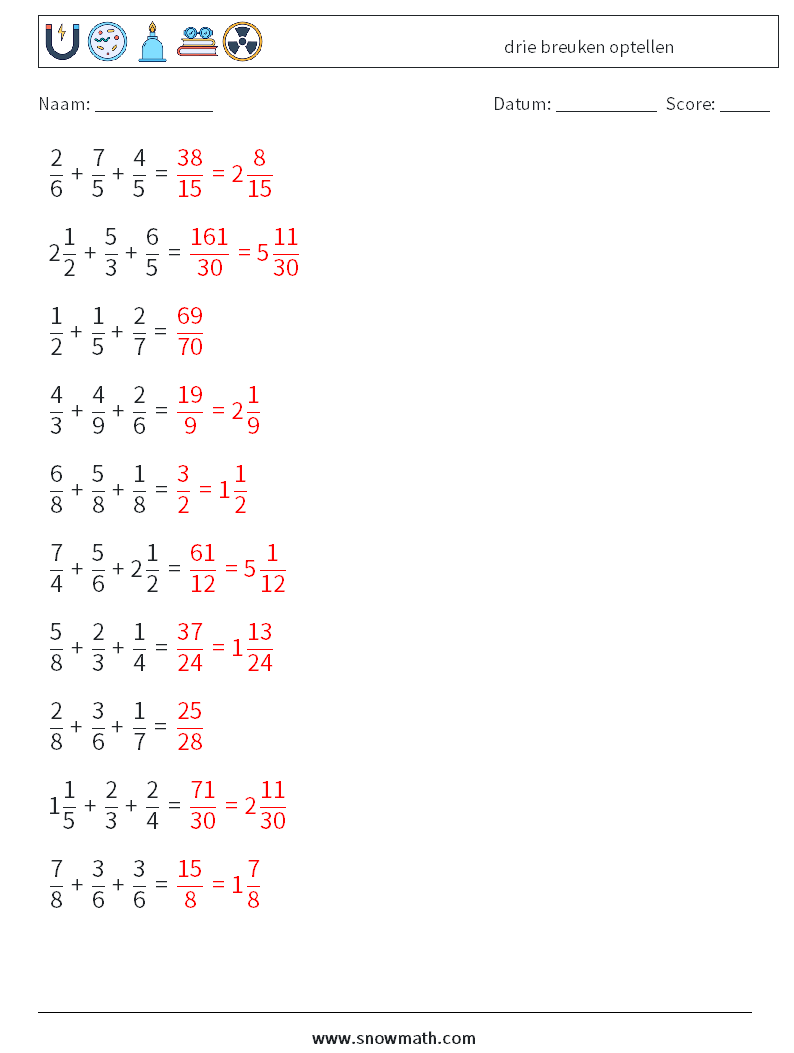 (10) drie breuken optellen Wiskundige werkbladen 15 Vraag, Antwoord