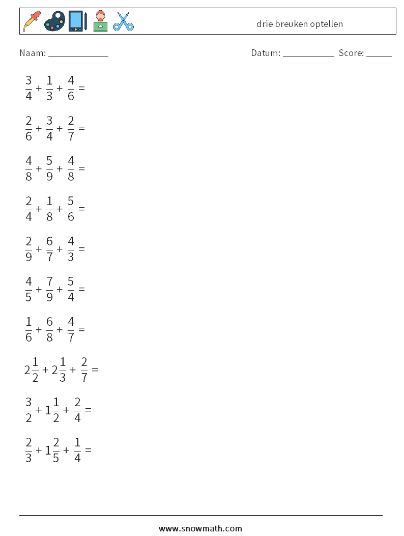 (10) drie breuken optellen Wiskundige werkbladen 18