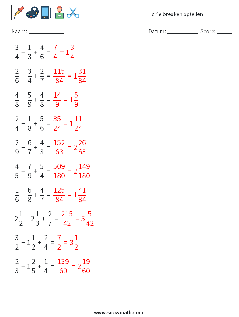 (10) drie breuken optellen Wiskundige werkbladen 18 Vraag, Antwoord