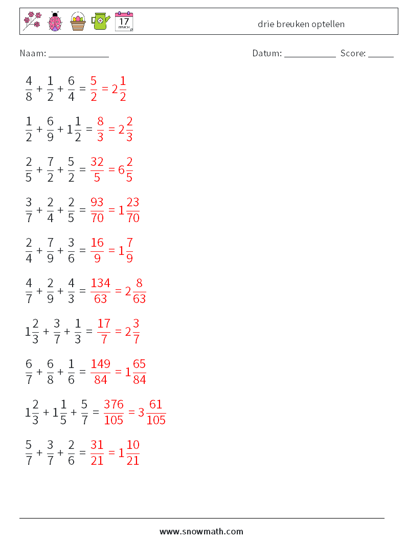 (10) drie breuken optellen Wiskundige werkbladen 1 Vraag, Antwoord