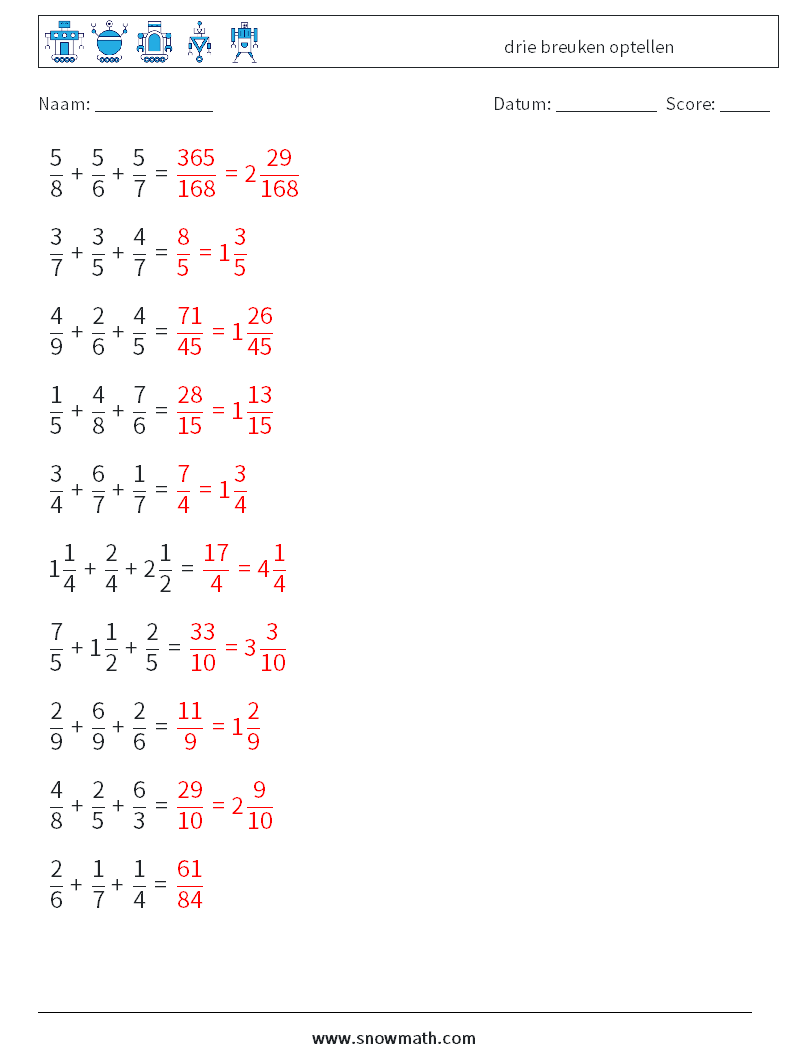 (10) drie breuken optellen Wiskundige werkbladen 2 Vraag, Antwoord
