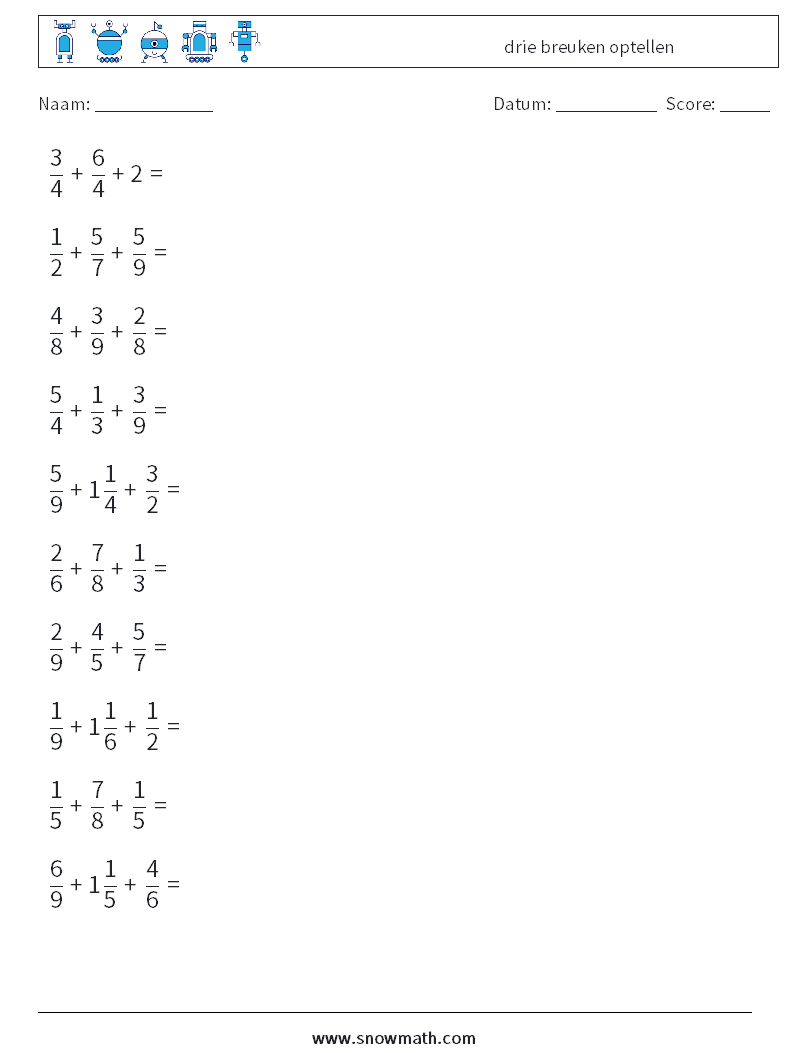 (10) drie breuken optellen Wiskundige werkbladen 3