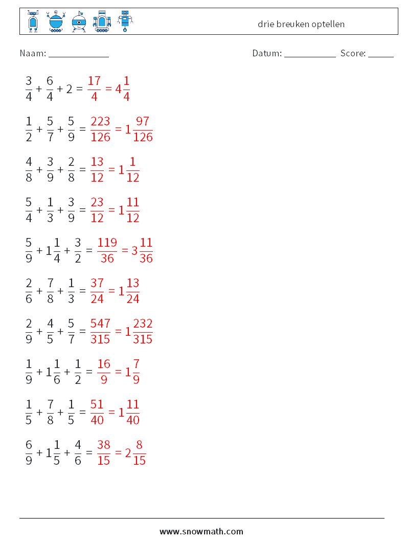 (10) drie breuken optellen Wiskundige werkbladen 3 Vraag, Antwoord