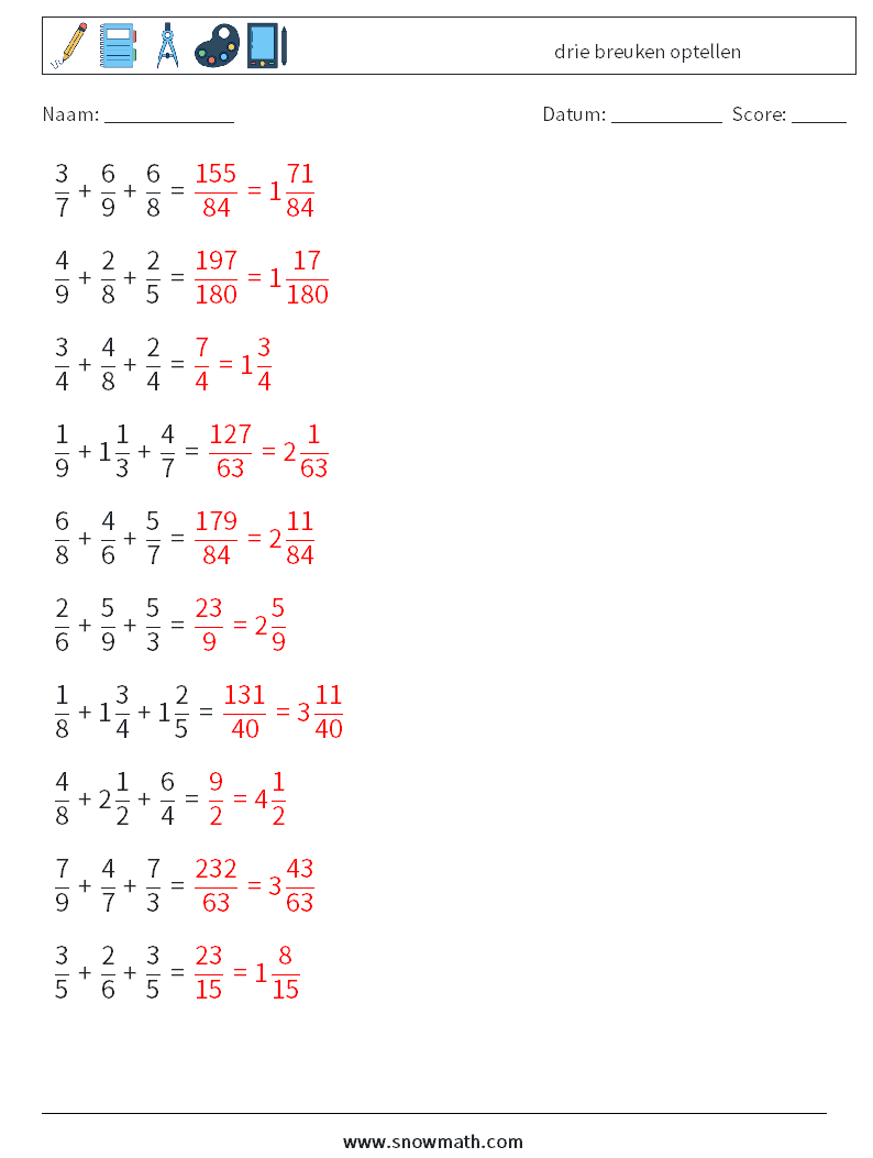 (10) drie breuken optellen Wiskundige werkbladen 4 Vraag, Antwoord