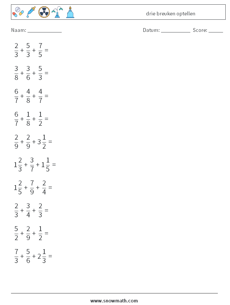 (10) drie breuken optellen Wiskundige werkbladen 5