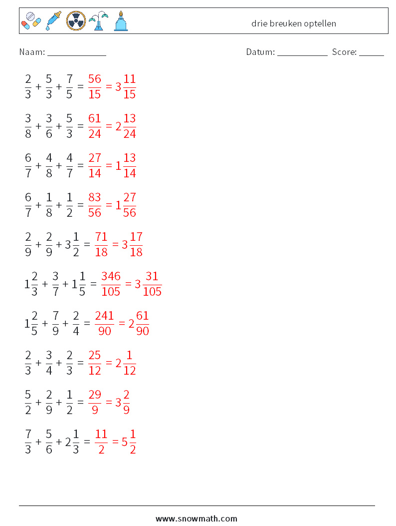 (10) drie breuken optellen Wiskundige werkbladen 5 Vraag, Antwoord