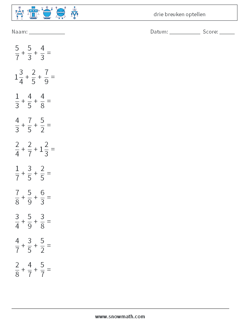 (10) drie breuken optellen Wiskundige werkbladen 6