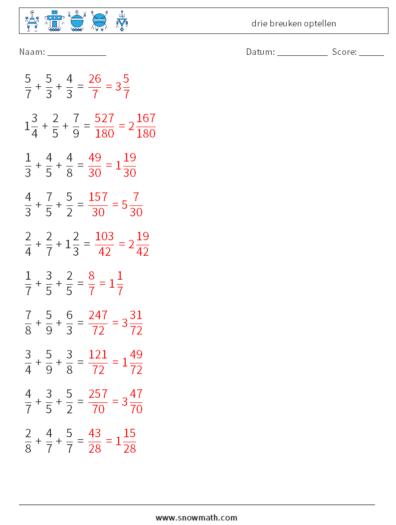 (10) drie breuken optellen Wiskundige werkbladen 6 Vraag, Antwoord