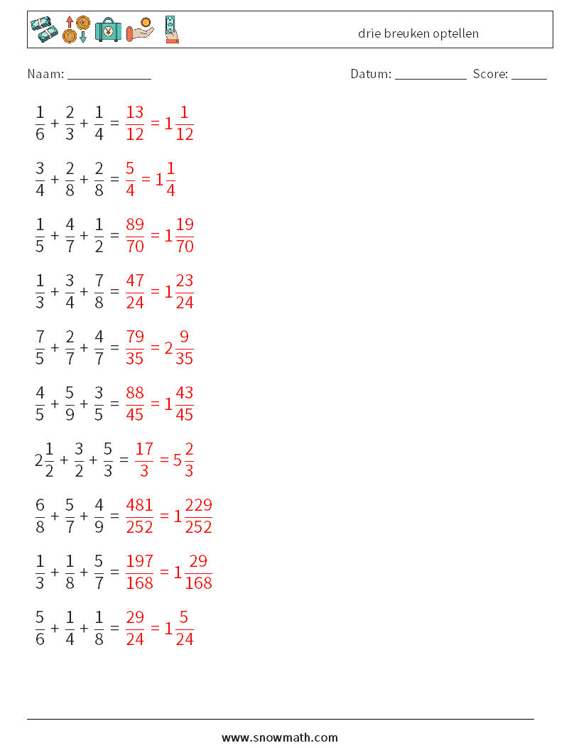 (10) drie breuken optellen Wiskundige werkbladen 7 Vraag, Antwoord