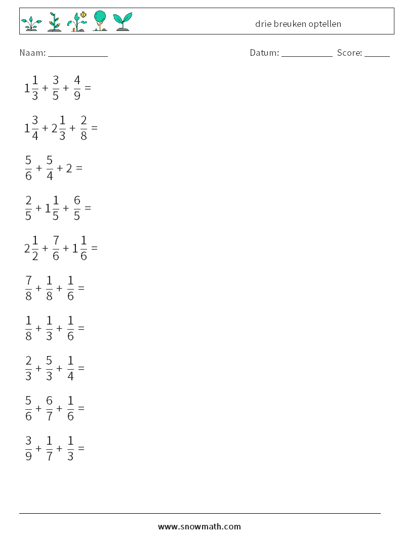 (10) drie breuken optellen Wiskundige werkbladen 8