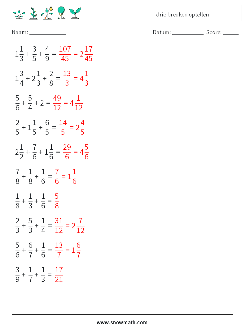 (10) drie breuken optellen Wiskundige werkbladen 8 Vraag, Antwoord
