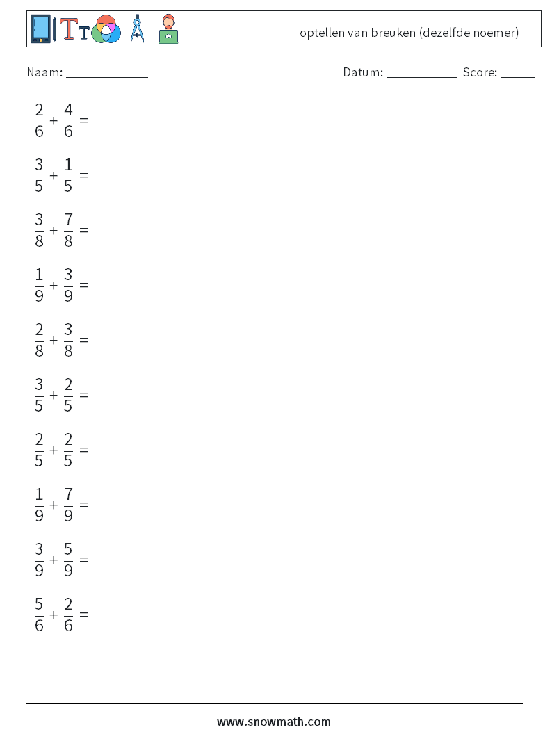 (10) optellen van breuken (dezelfde noemer) Wiskundige werkbladen 1