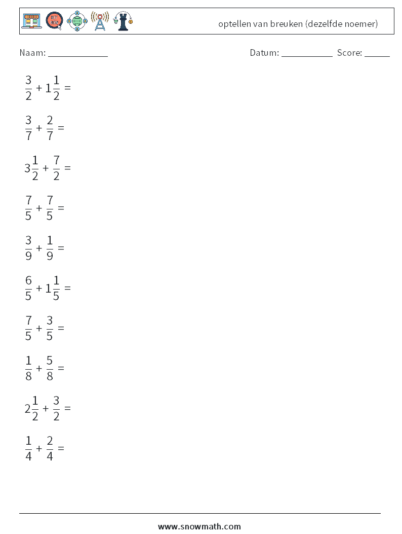 (10) optellen van breuken (dezelfde noemer) Wiskundige werkbladen 11