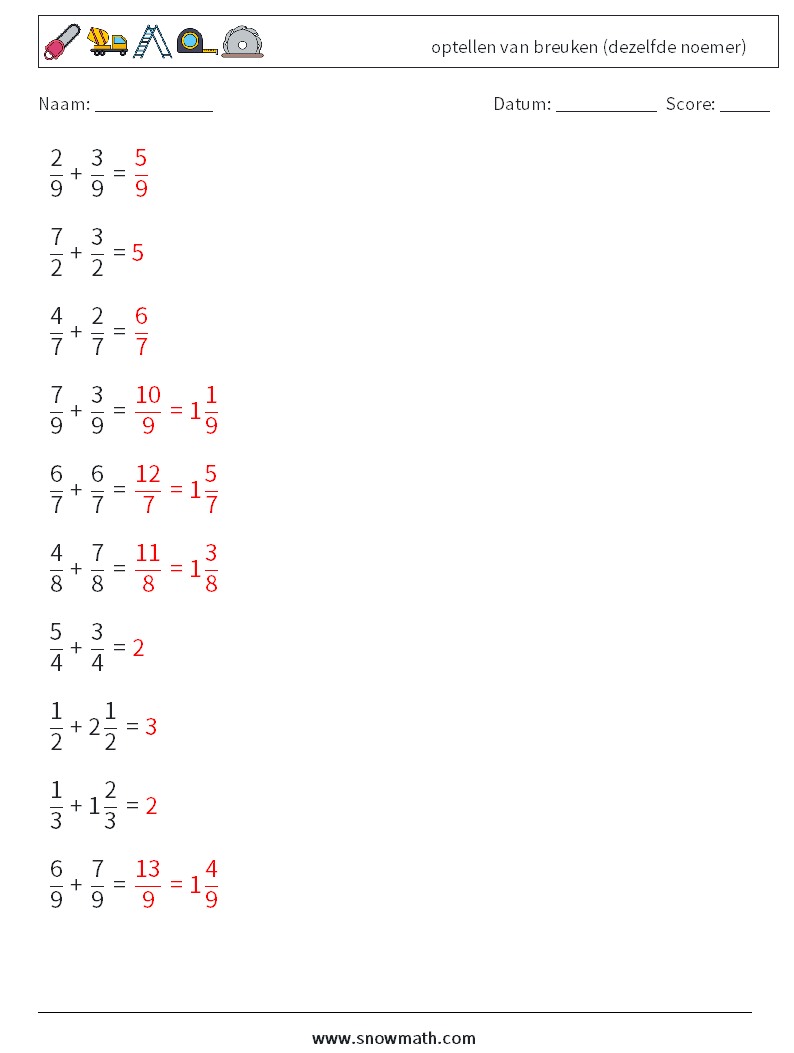 (10) optellen van breuken (dezelfde noemer) Wiskundige werkbladen 15 Vraag, Antwoord