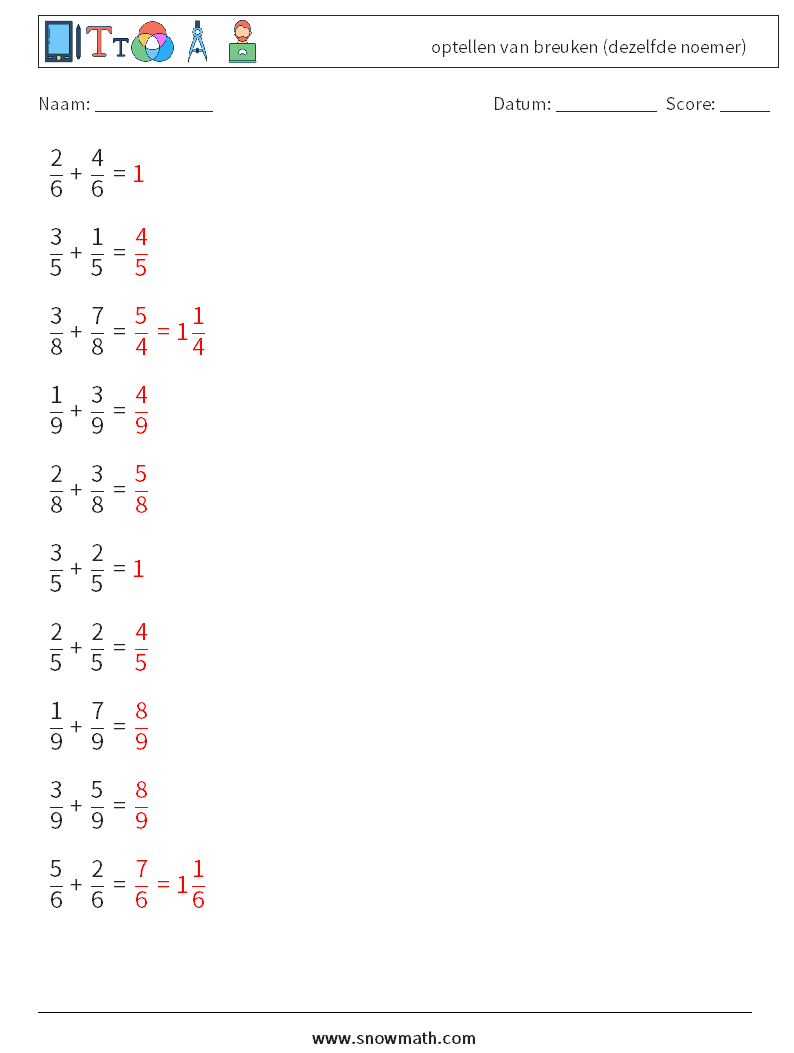 (10) optellen van breuken (dezelfde noemer) Wiskundige werkbladen 1 Vraag, Antwoord