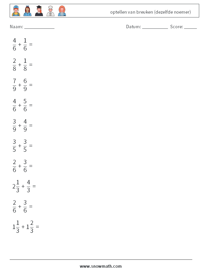 (10) optellen van breuken (dezelfde noemer) Wiskundige werkbladen 2