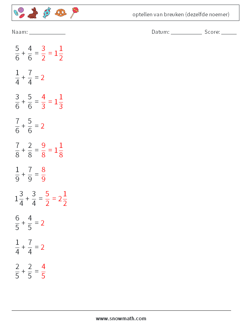 (10) optellen van breuken (dezelfde noemer) Wiskundige werkbladen 6 Vraag, Antwoord