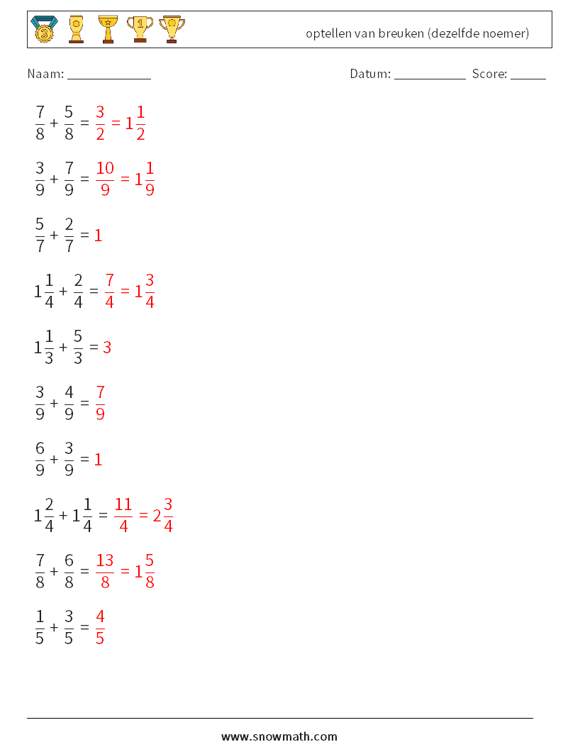 (10) optellen van breuken (dezelfde noemer) Wiskundige werkbladen 9 Vraag, Antwoord