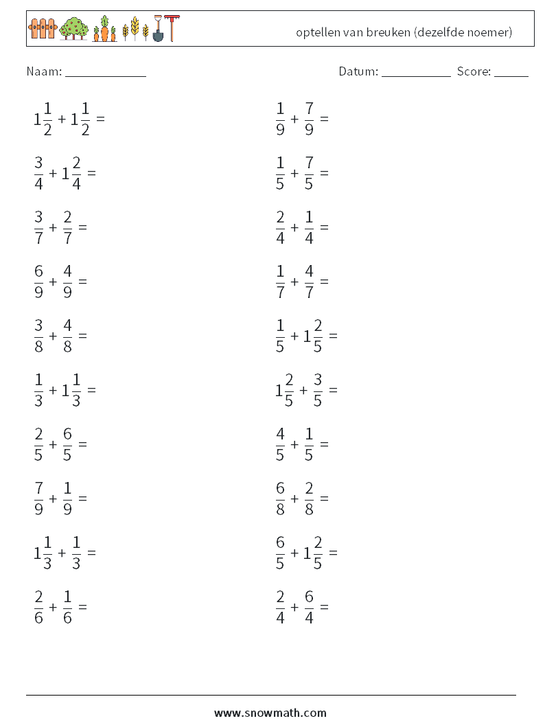 (20) optellen van breuken (dezelfde noemer) Wiskundige werkbladen 1