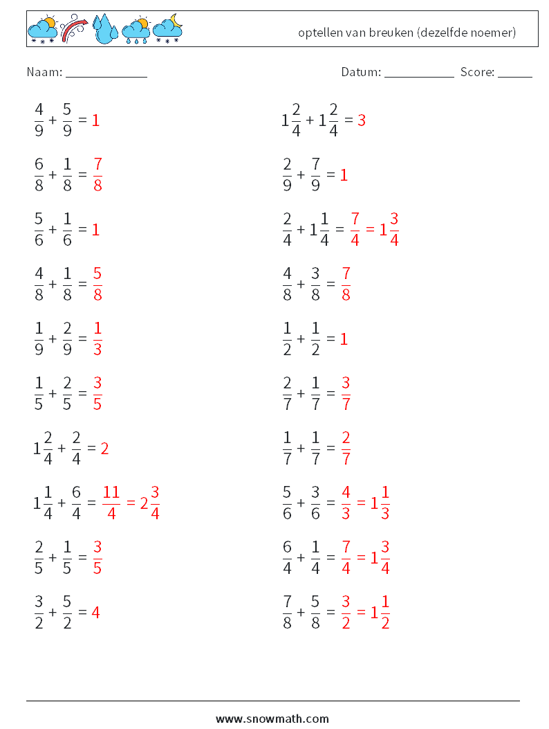 (20) optellen van breuken (dezelfde noemer) Wiskundige werkbladen 10 Vraag, Antwoord