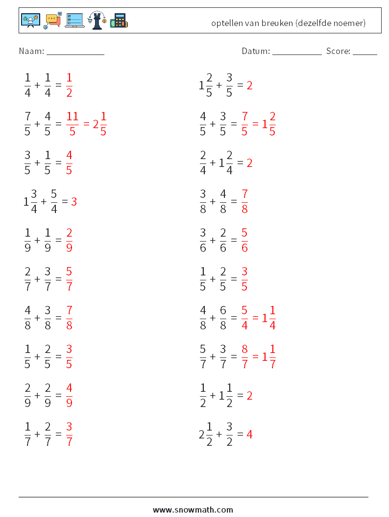 (20) optellen van breuken (dezelfde noemer) Wiskundige werkbladen 12 Vraag, Antwoord