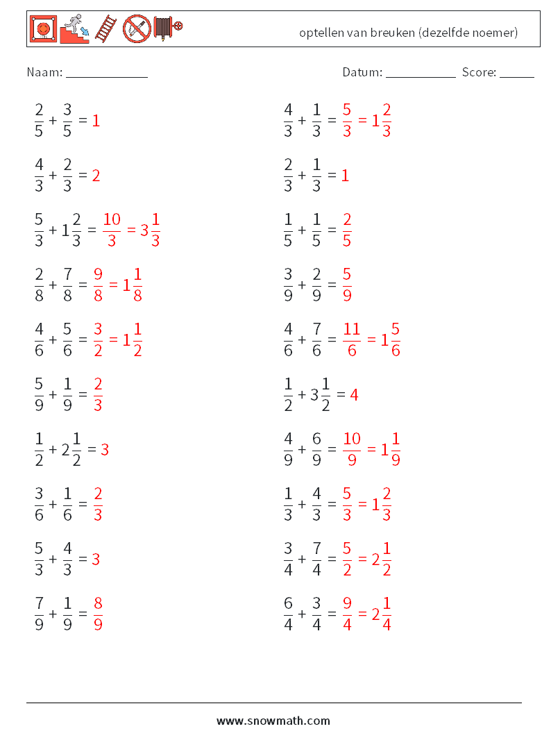 (20) optellen van breuken (dezelfde noemer) Wiskundige werkbladen 18 Vraag, Antwoord
