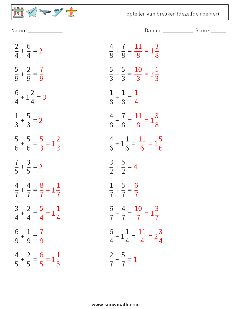 (20) optellen van breuken (dezelfde noemer) Wiskundige werkbladen 4 Vraag, Antwoord