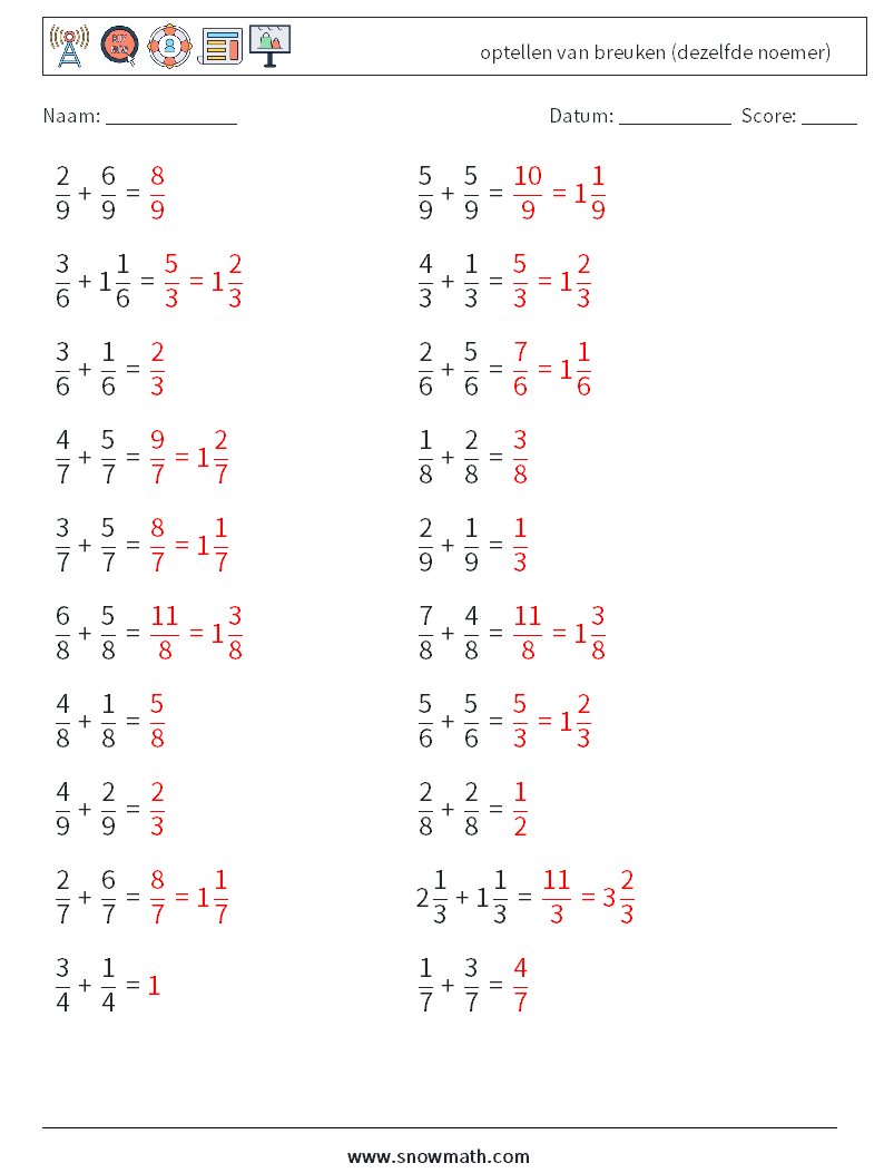 (20) optellen van breuken (dezelfde noemer) Wiskundige werkbladen 5 Vraag, Antwoord