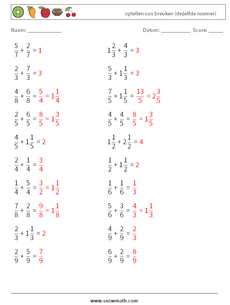 (20) optellen van breuken (dezelfde noemer) Wiskundige werkbladen 6 Vraag, Antwoord