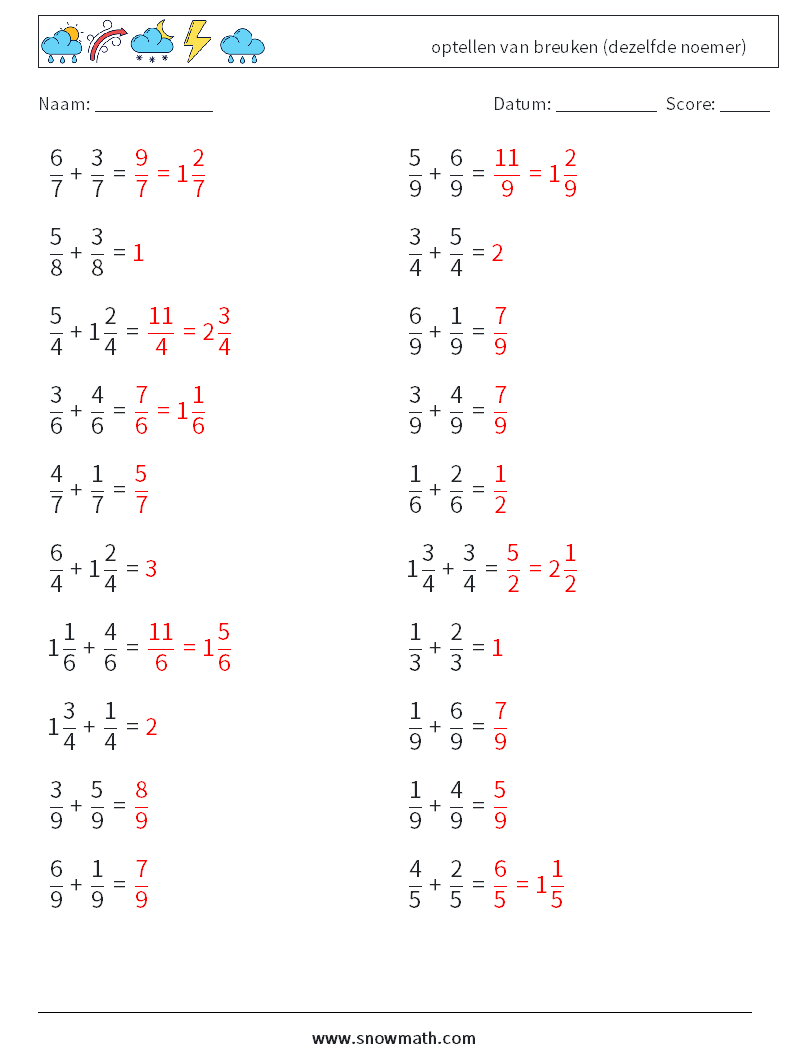 (20) optellen van breuken (dezelfde noemer) Wiskundige werkbladen 7 Vraag, Antwoord