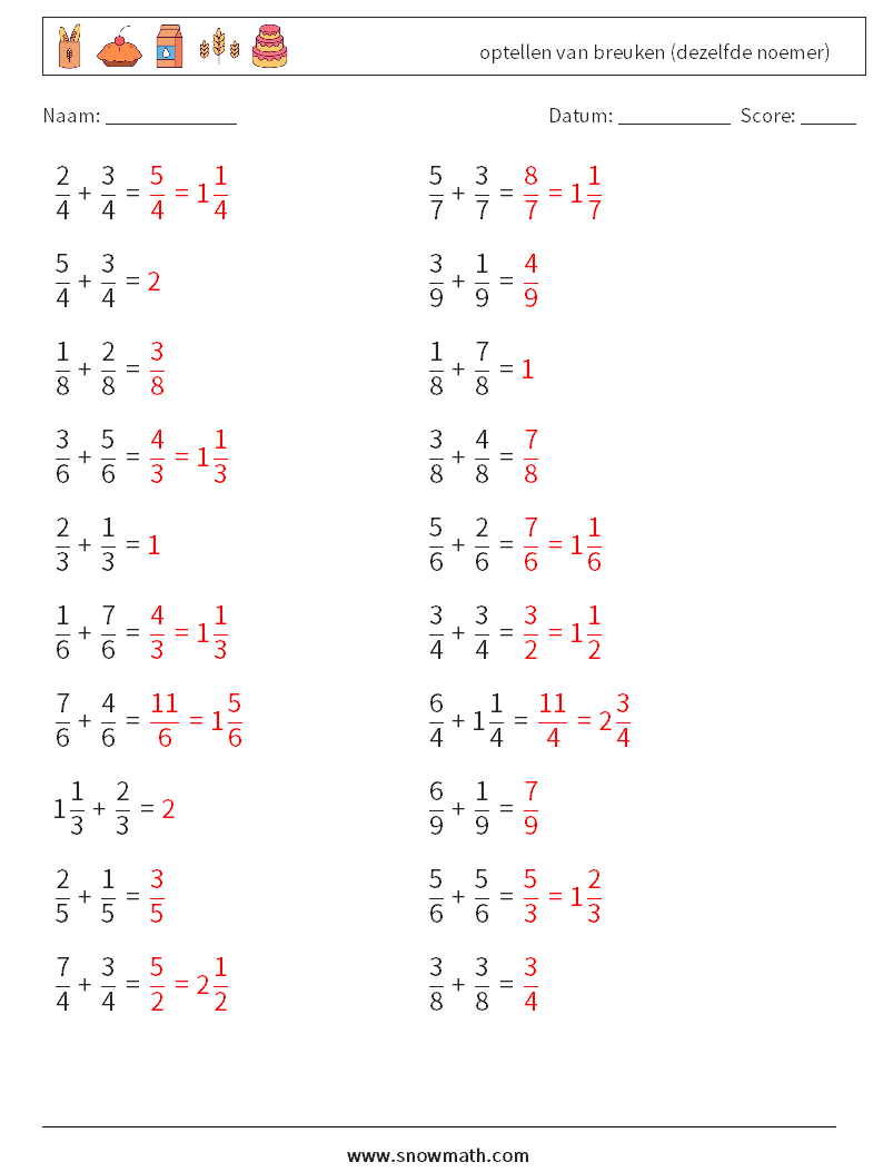 (20) optellen van breuken (dezelfde noemer) Wiskundige werkbladen 8 Vraag, Antwoord