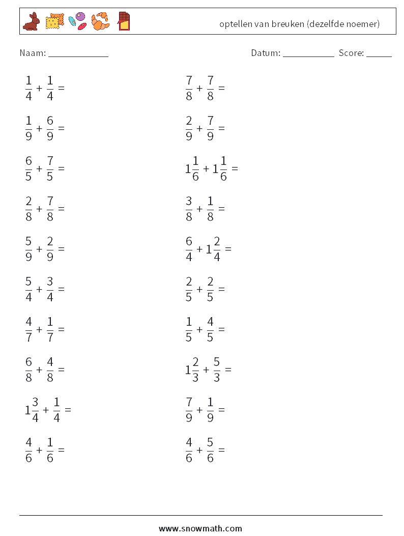 (20) optellen van breuken (dezelfde noemer) Wiskundige werkbladen 9