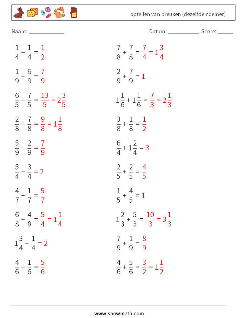 (20) optellen van breuken (dezelfde noemer) Wiskundige werkbladen 9 Vraag, Antwoord