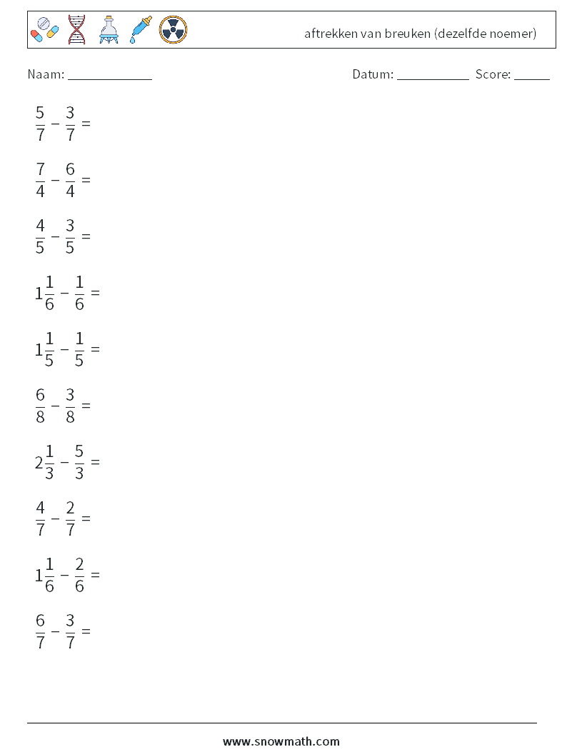 (10) aftrekken van breuken (dezelfde noemer) Wiskundige werkbladen 1