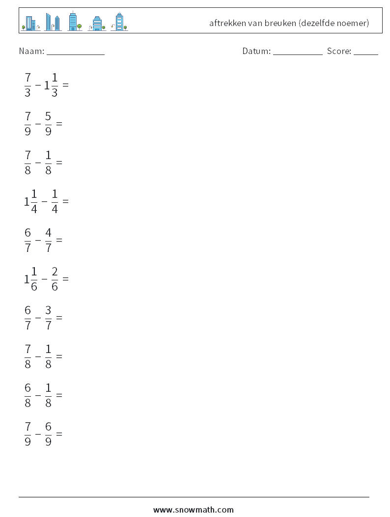 (10) aftrekken van breuken (dezelfde noemer) Wiskundige werkbladen 12