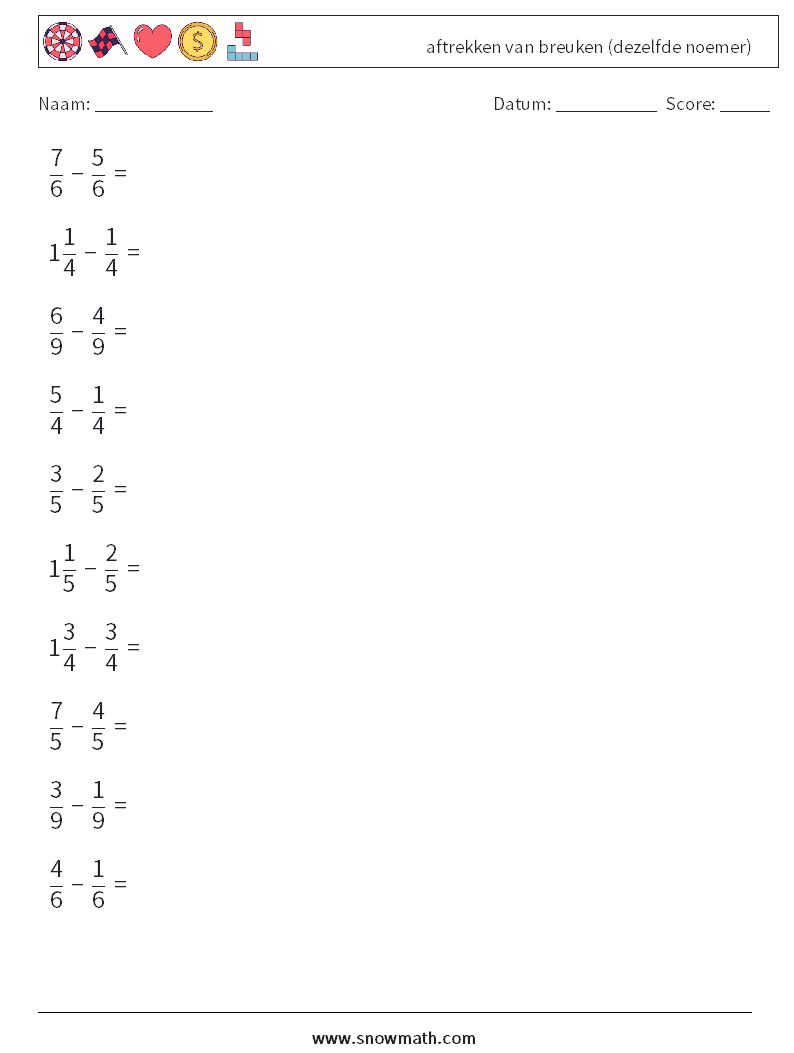 (10) aftrekken van breuken (dezelfde noemer) Wiskundige werkbladen 4