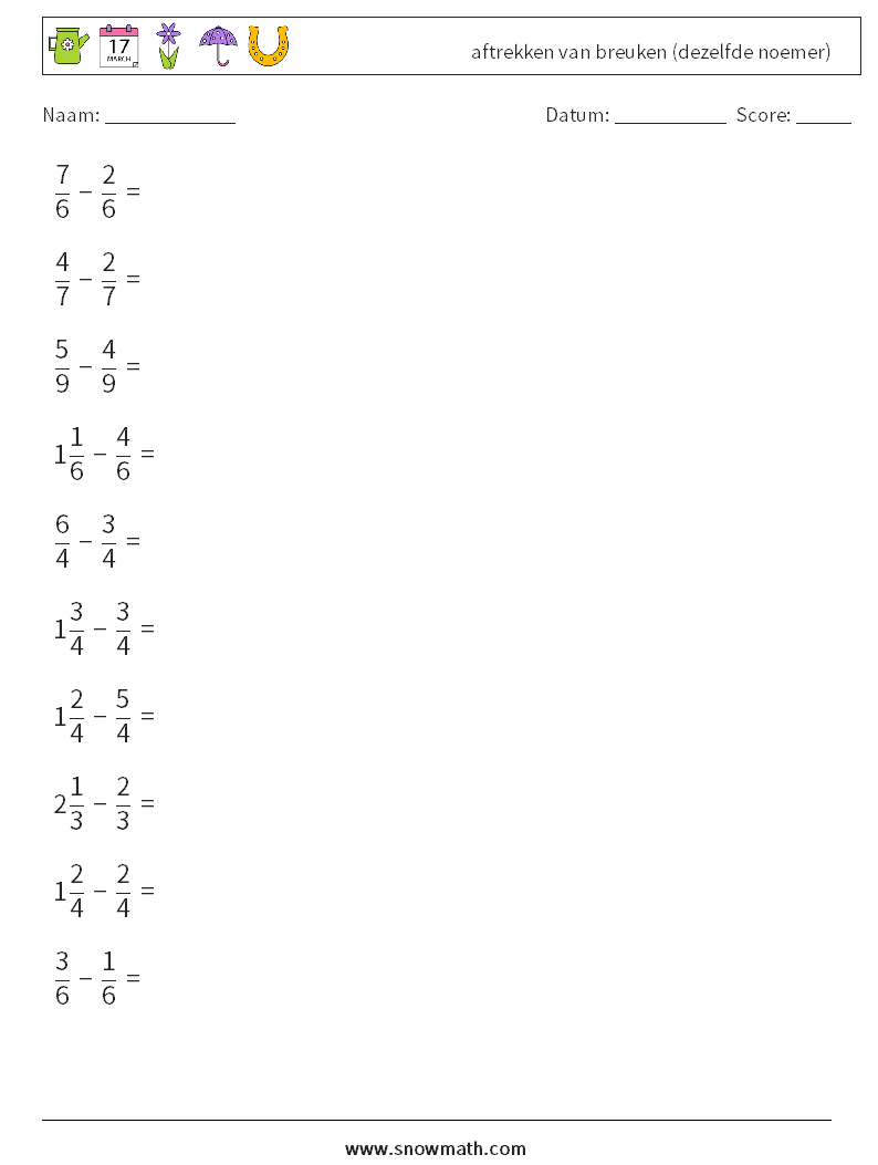 (10) aftrekken van breuken (dezelfde noemer) Wiskundige werkbladen 5