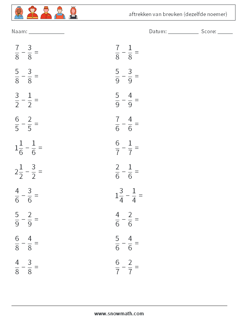 (20) aftrekken van breuken (dezelfde noemer) Wiskundige werkbladen 1