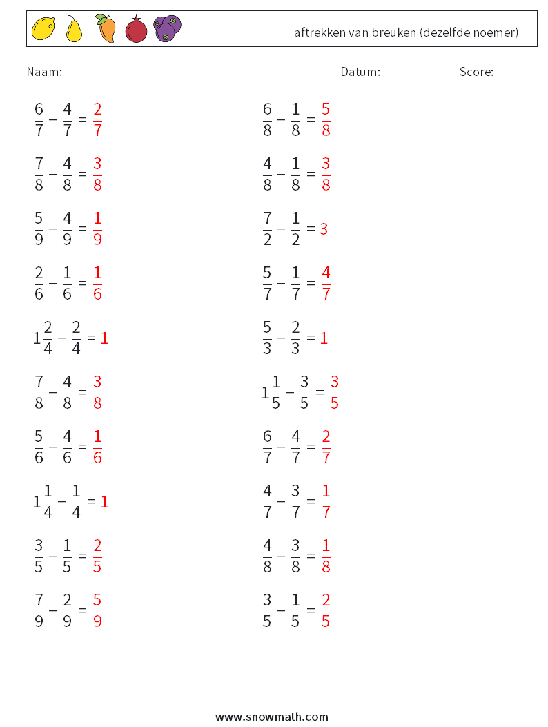 (20) aftrekken van breuken (dezelfde noemer) Wiskundige werkbladen 11 Vraag, Antwoord