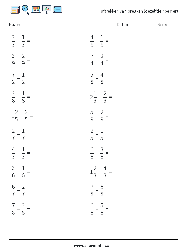 (20) aftrekken van breuken (dezelfde noemer) Wiskundige werkbladen 12