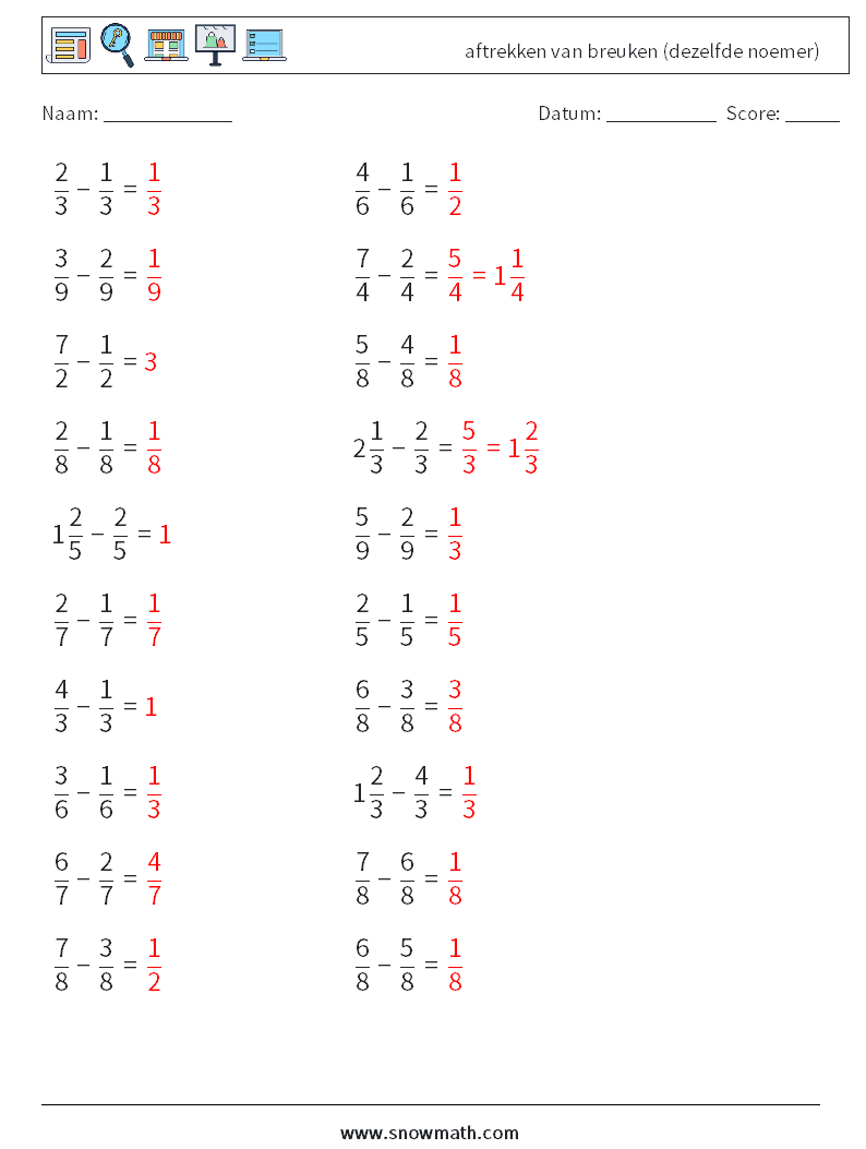 (20) aftrekken van breuken (dezelfde noemer) Wiskundige werkbladen 12 Vraag, Antwoord