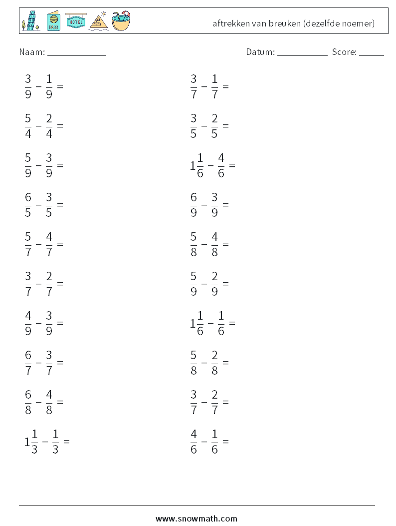 (20) aftrekken van breuken (dezelfde noemer) Wiskundige werkbladen 13