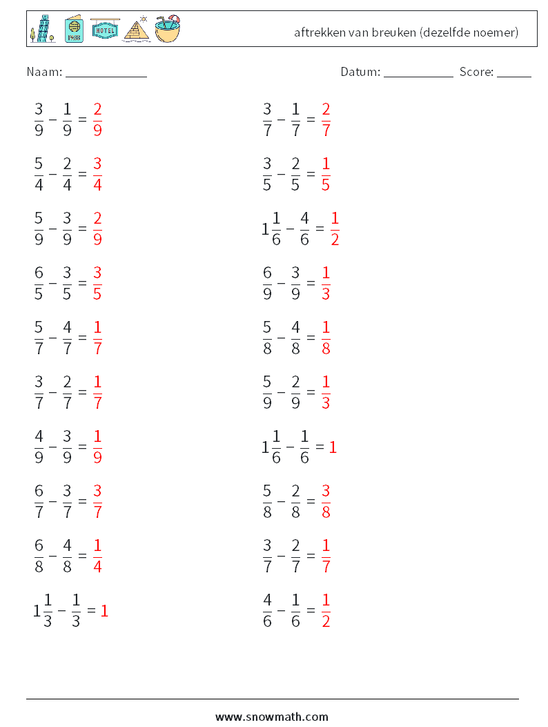 (20) aftrekken van breuken (dezelfde noemer) Wiskundige werkbladen 13 Vraag, Antwoord