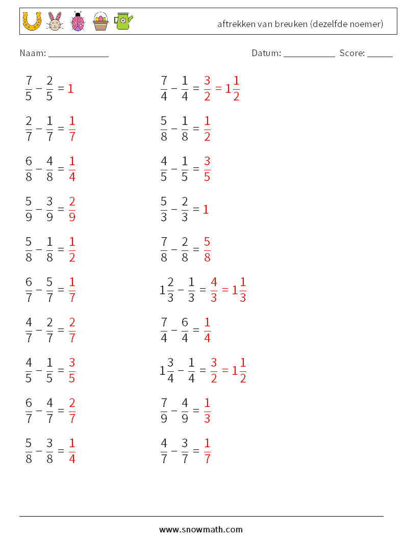 (20) aftrekken van breuken (dezelfde noemer) Wiskundige werkbladen 14 Vraag, Antwoord