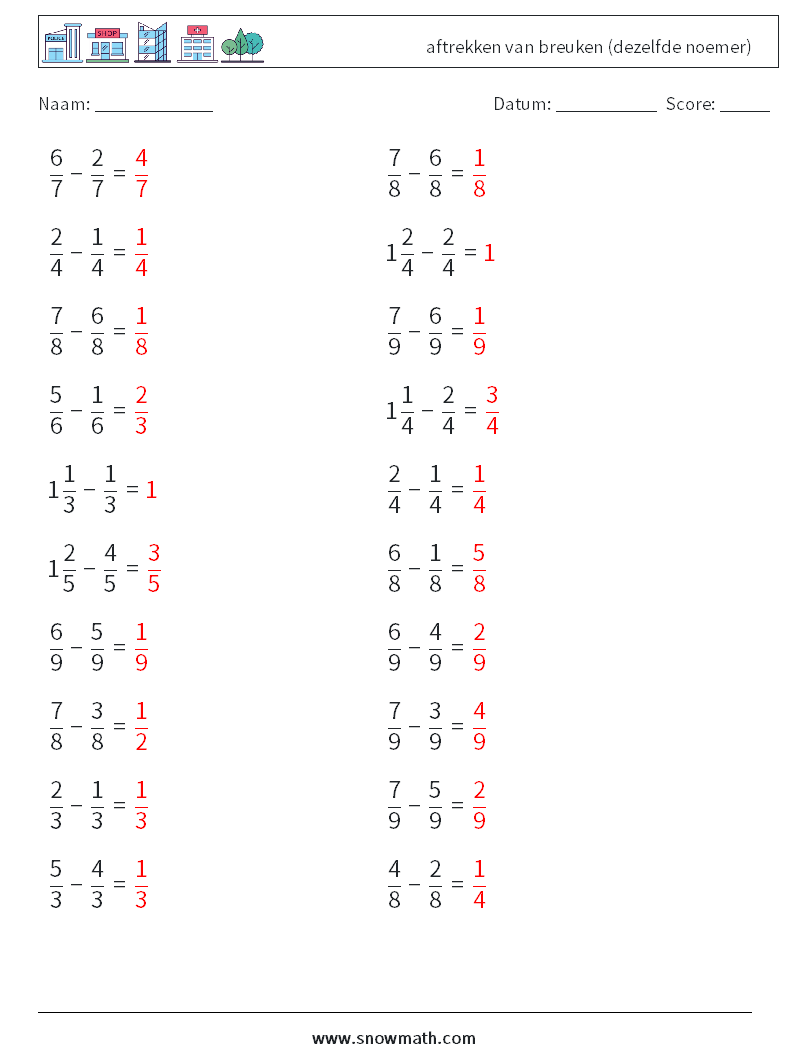 (20) aftrekken van breuken (dezelfde noemer) Wiskundige werkbladen 16 Vraag, Antwoord