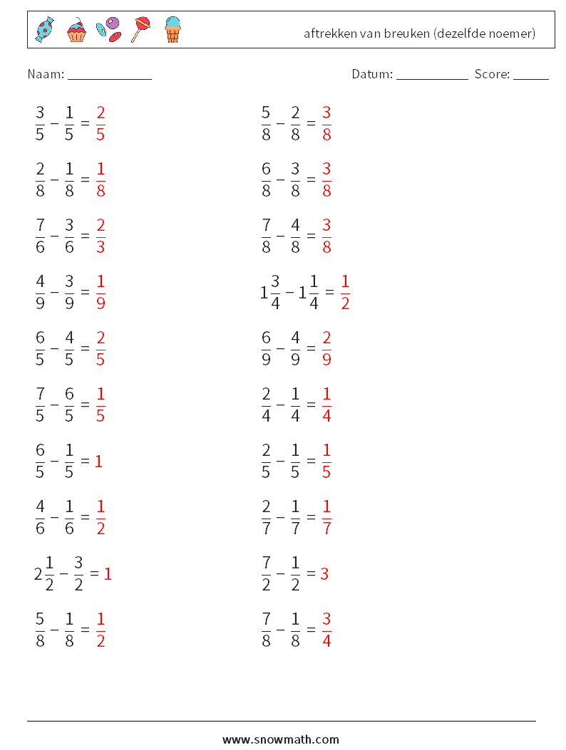 (20) aftrekken van breuken (dezelfde noemer) Wiskundige werkbladen 17 Vraag, Antwoord