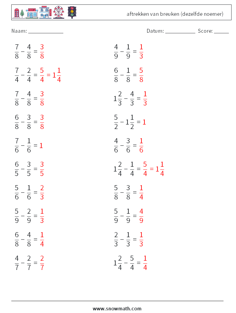 (20) aftrekken van breuken (dezelfde noemer) Wiskundige werkbladen 18 Vraag, Antwoord