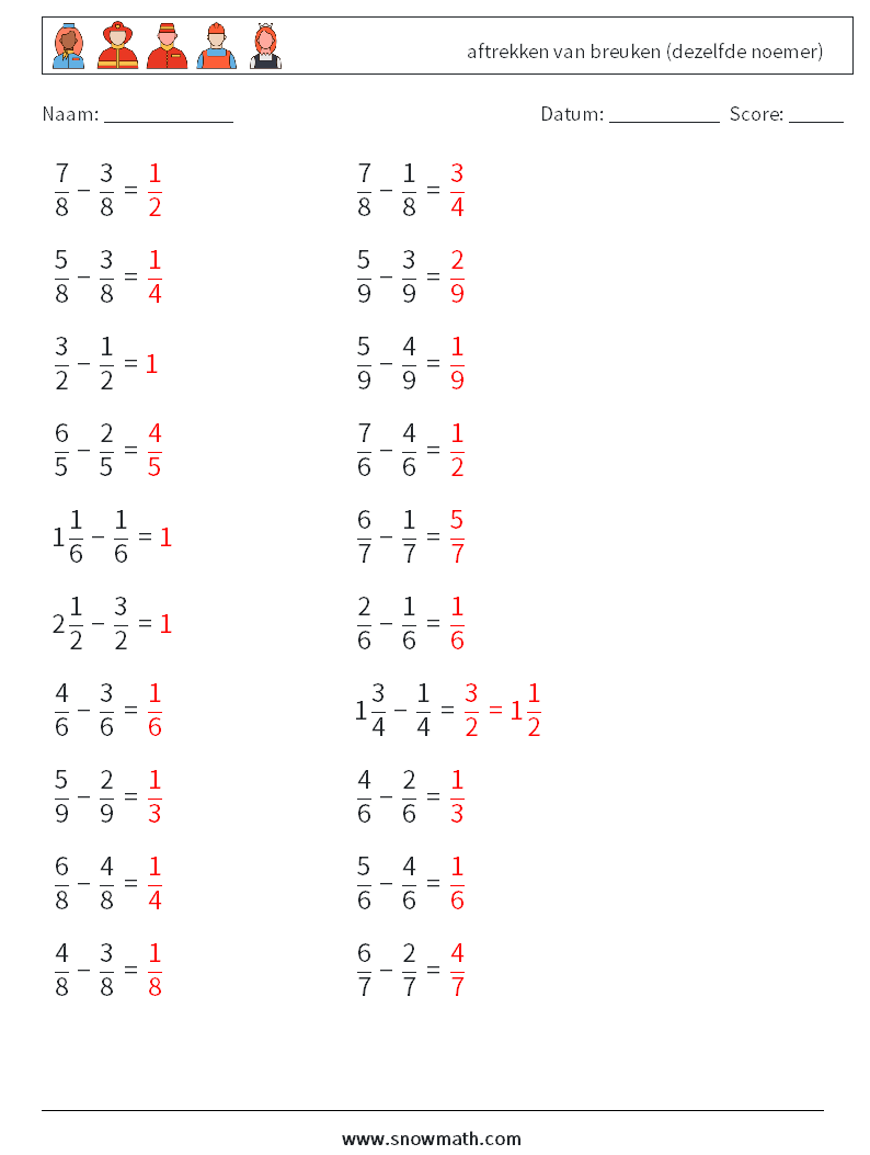 (20) aftrekken van breuken (dezelfde noemer) Wiskundige werkbladen 1 Vraag, Antwoord