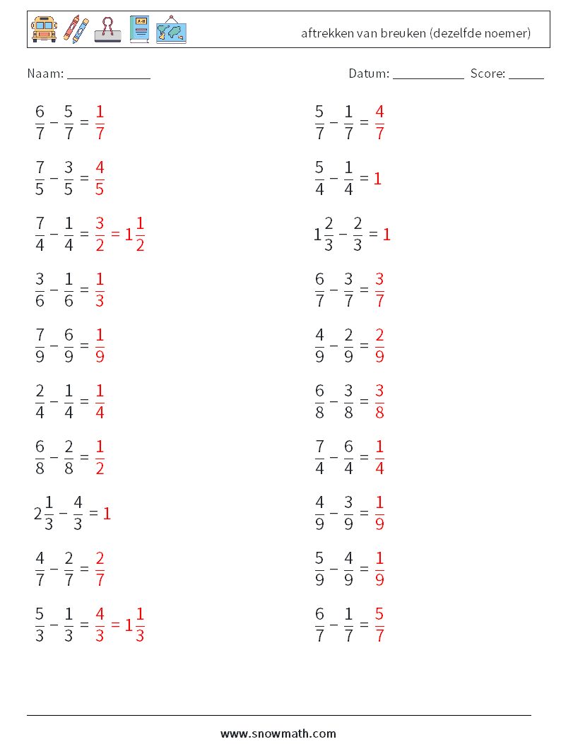 (20) aftrekken van breuken (dezelfde noemer) Wiskundige werkbladen 3 Vraag, Antwoord